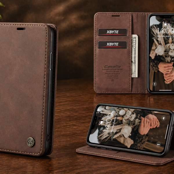 Xbyte XB-4500 Leder Klapphülle für iPhone 16e – Magnetisch mit Kartenfach & Standfunktion