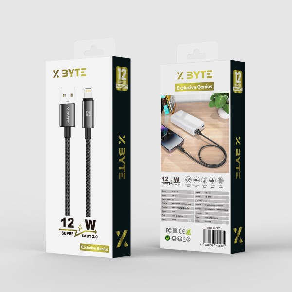 Xbyte XB-4777 USB-A auf Lightning Kabel 1m 12W – Geflochten & TPE Schwarz