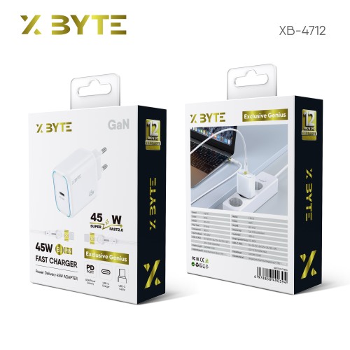 Xbyte XB-4712 45W GaN USB-C Schnellladegerät Set mit Kabel – EU Stecker