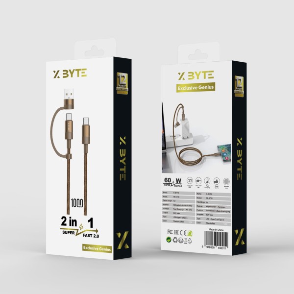 Xbyte XB-4726 2in1 USB-A & USB-C auf USB-C Kabel 1m – Nylon & Aluminium