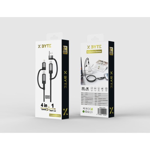 Xbyte XB-4727 4in1 USB-A & USB-C auf USB-C + Lightning Kabel 1m – Nylon & Aluminium