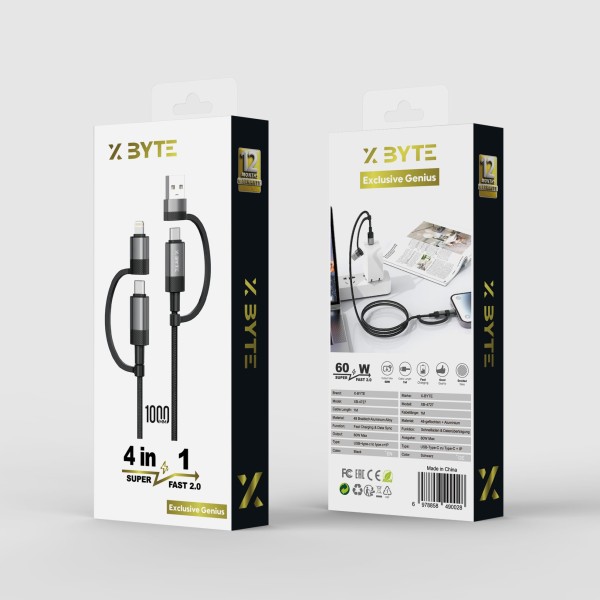 Xbyte XB-4727 4in1 USB-A & USB-C auf USB-C + Lightning Kabel 1m – Nylon & Aluminium