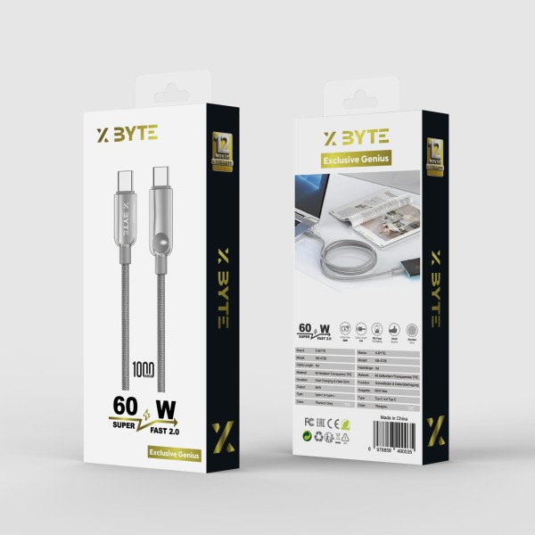 Xbyte XB-4728 Transparent USB-C auf USB-C Kabel 1m 60W – Titanium Grey