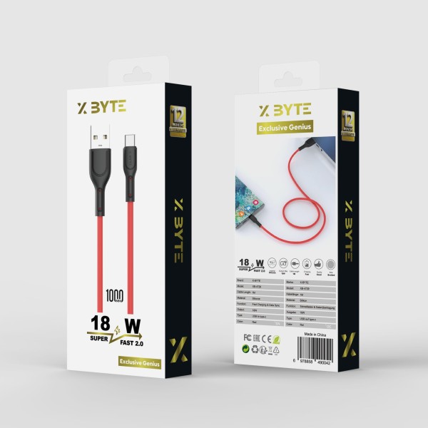 Xbyte XB-4729 U-Form USB-A auf USB-C Kabel 1m – Liquid Silicone Rot