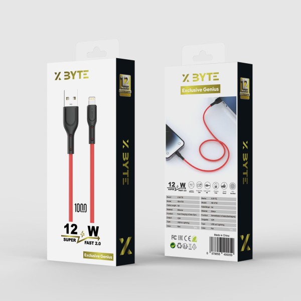 Xbyte XB-4730 U-Form USB-A auf Lightning Kabel 1m – Liquid Silicone Rot