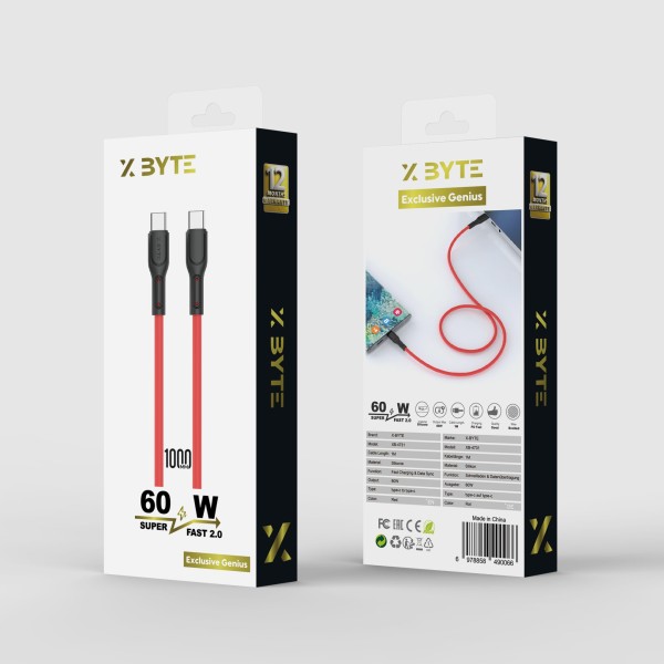 Xbyte XB-4731 U-Form USB-C auf USB-C Kabel 1m 60W – Liquid Silicone Rot