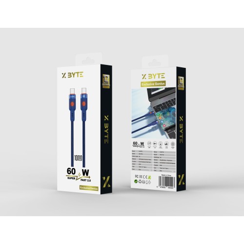 Xbyte XB-4734 USB-C auf USB-C Kabel 1m 60W – Blau, Nylon & Aluminium