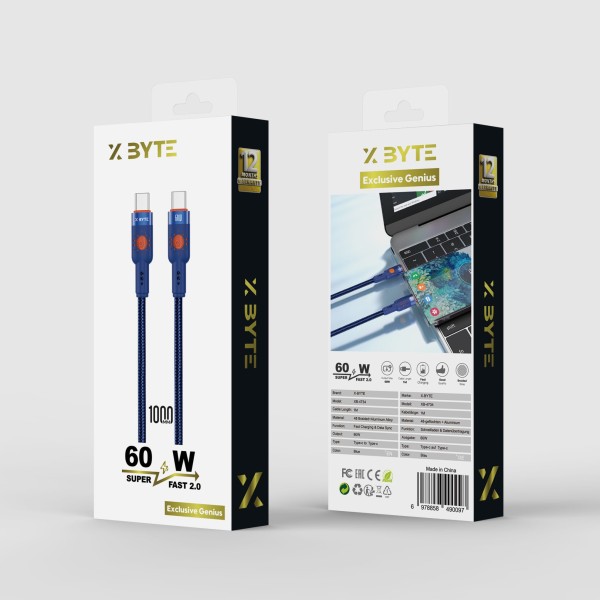 Xbyte XB-4734 USB-C auf USB-C Kabel 1m 60W – Blau, Nylon & Aluminium