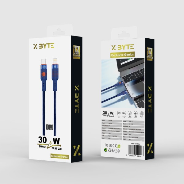 USB-C, Lightning, Kabel, 30W, 1m, Blau, Nylon, iPhone, Xbyte