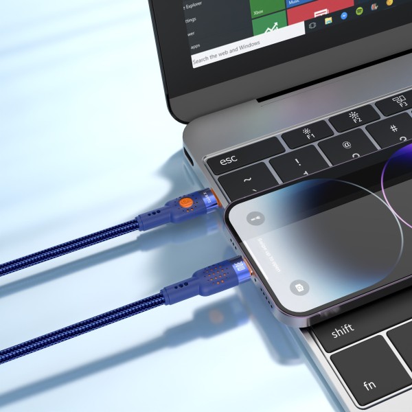 USB-C, Lightning, Kabel, 30W, 1m, Blau, Nylon, iPhone, Xbyte