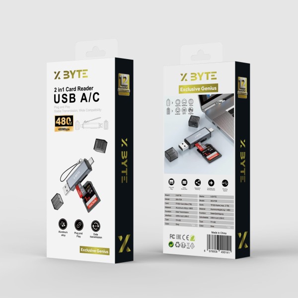 Xbyte XB-4739 2in1 USB-A & USB-C Kartenleser – TF / SD (bis 2TB)