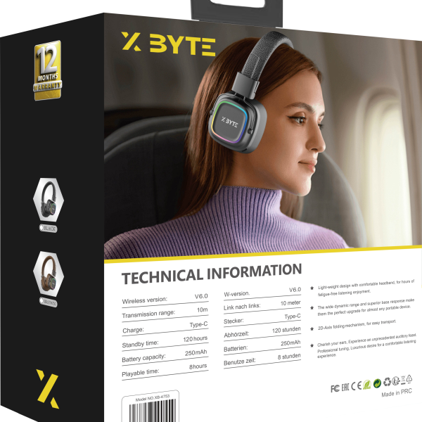 Xbyte XB-4753 Bluetooth Kopfhörer – 6–8h Laufzeit mit Mikrofon & TF-Karte