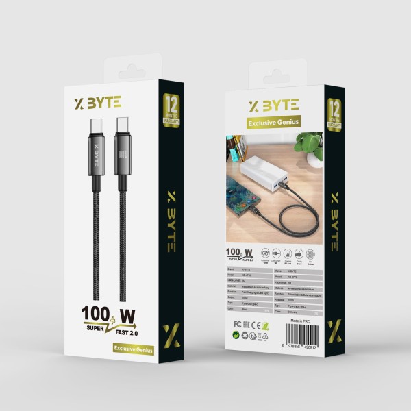 Xbyte XB-4778 USB-C auf USB-C Kabel 1m 100W – Geflochten & TPE Schwarz