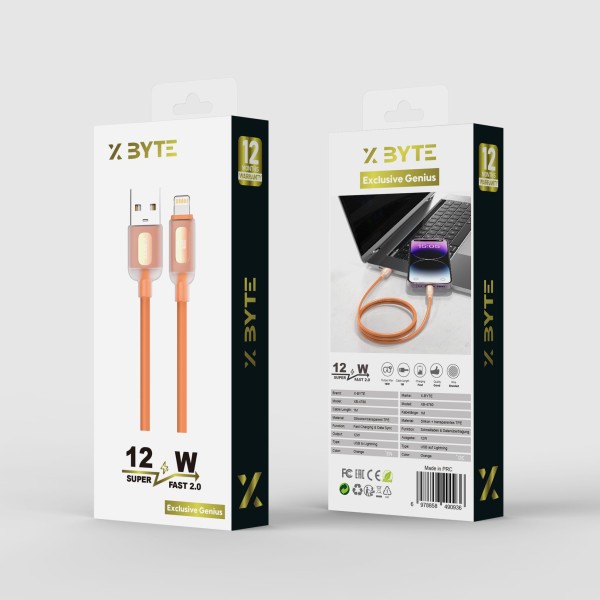 Xbyte XB-4780 USB-A auf Lightning Kabel 1m 12W – Transparent & Silicone Orange