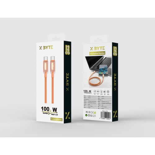 Xbyte XB-4781 USB-C auf USB-C Kabel 1m 100W – Transparent & Silicone Orange