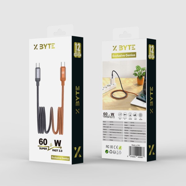 Xbyte XB-4783O USB-C auf USB-C Kabel 1m 60W – Geflochten Orange