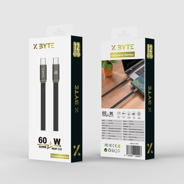 Xbyte XB-4784B USB-C auf USB-C Kabel 1m 60W – Geflochten Schwarz