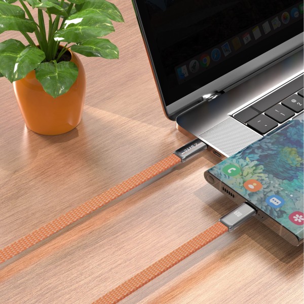 Xbyte XB-4784O USB-C auf USB-C Kabel 1m 60W – Flach Geflochten Orange