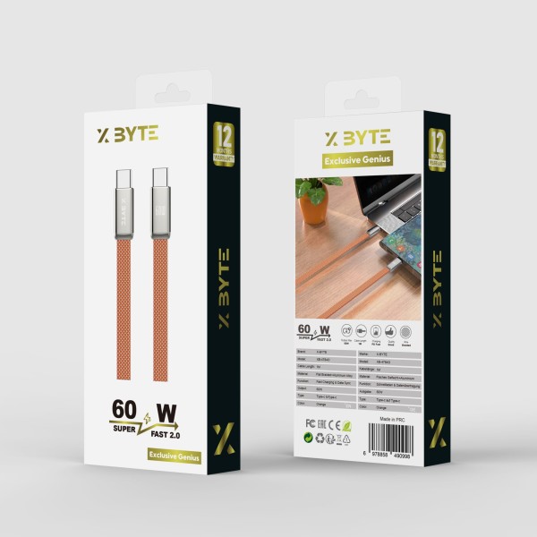 Xbyte XB-4784O USB-C auf USB-C Kabel 1m 60W – Flach Geflochten Orange