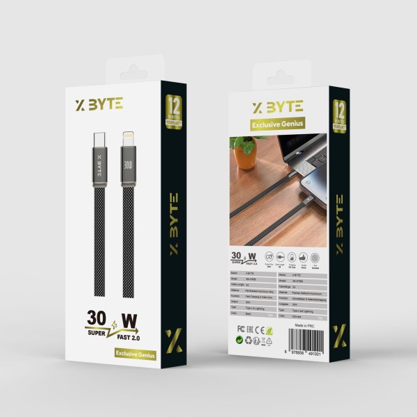 Xbyte XB-4785B USB-C auf Lightning Kabel 1m 30W – Flach Geflochten Schwarz