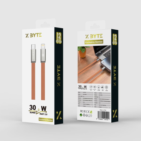 Xbyte XB-4785O USB-C auf Lightning Kabel 1m 30W – Flach Geflochten Orange