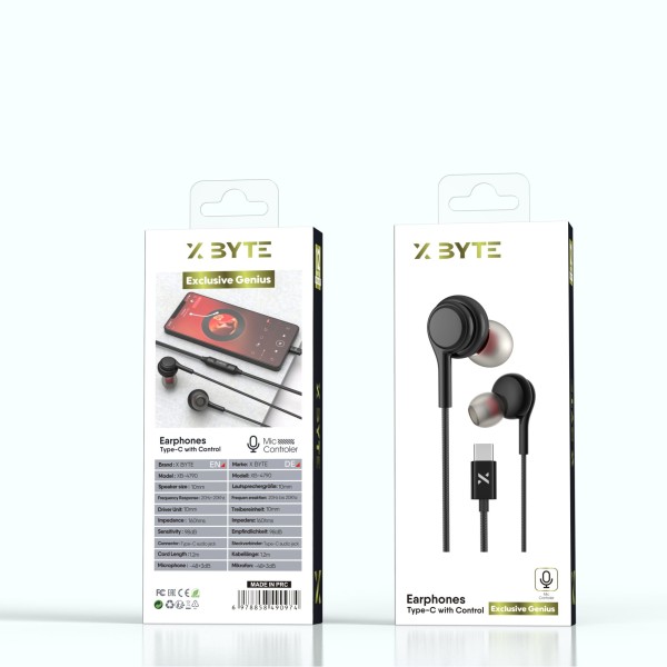 Xbyte XB-4790 Type-C In-Ear Kopfhörer mit Mikrofon – Schwarz
